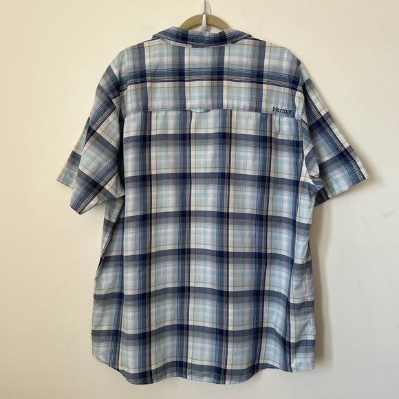 Marmot Mens XXL Blue Plaid Short Sleeve Button Up Shirt Lightweight Spring Navy - Picture 4 of 9